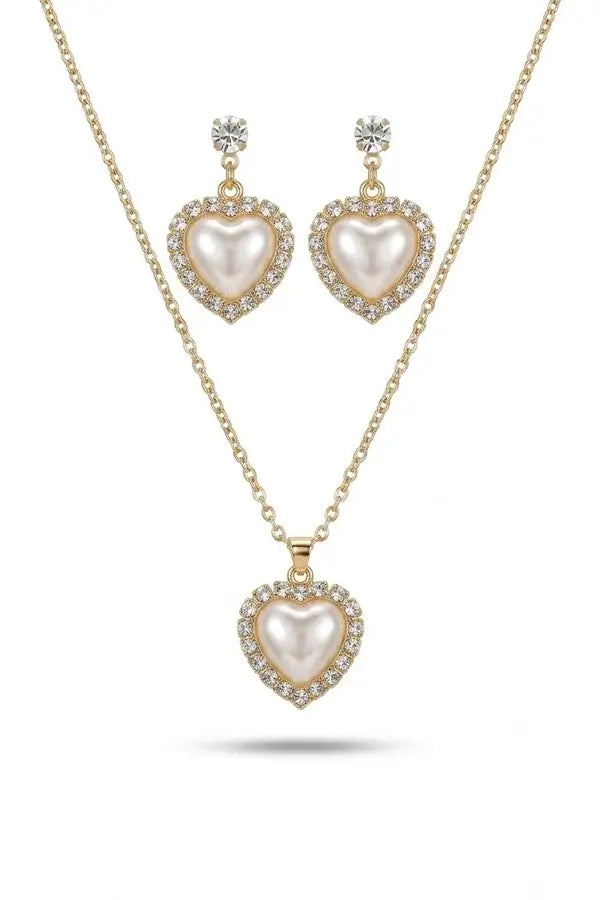 Romantic Pearl & Crystal Heart Jewelry Set