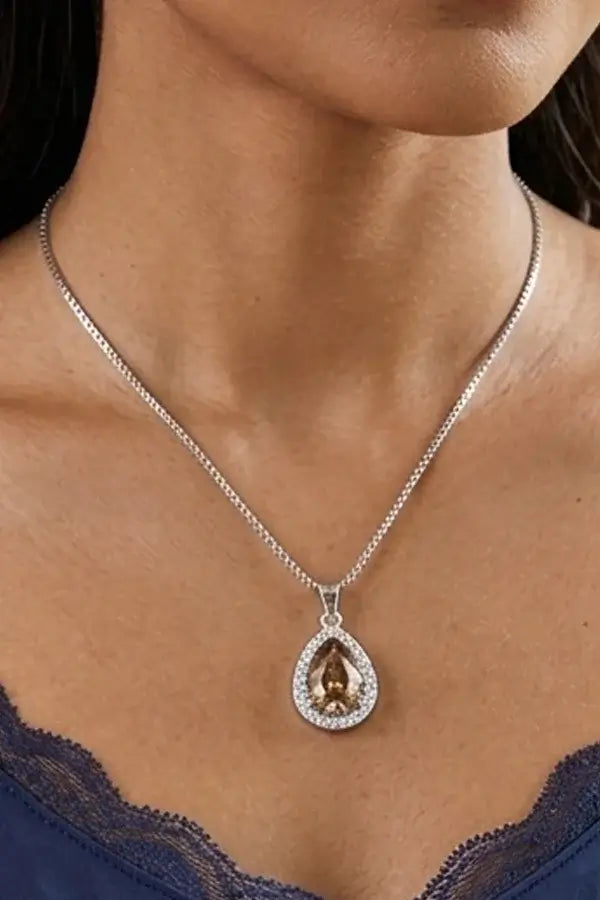 Elegant Pear-Shaped Brown Stone Pendant Necklace