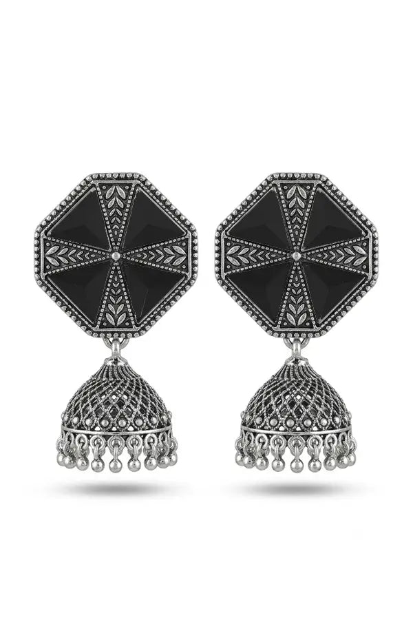 Geometric Mirror Work Oxidized Jhumkas