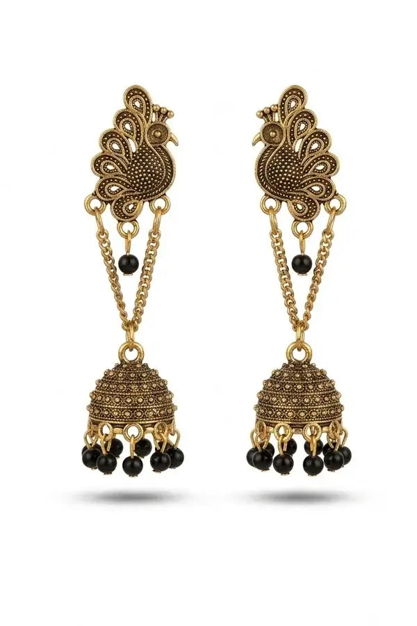 Classic Peacock Motif Black Bead Jhumkas
