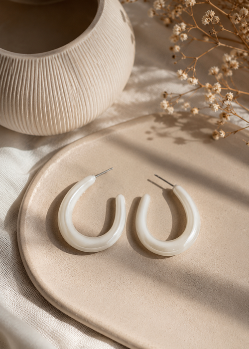 Chunky Oval Acrylic Hoop Earrings | White Minimalist Hoops | Statement Daily Wear