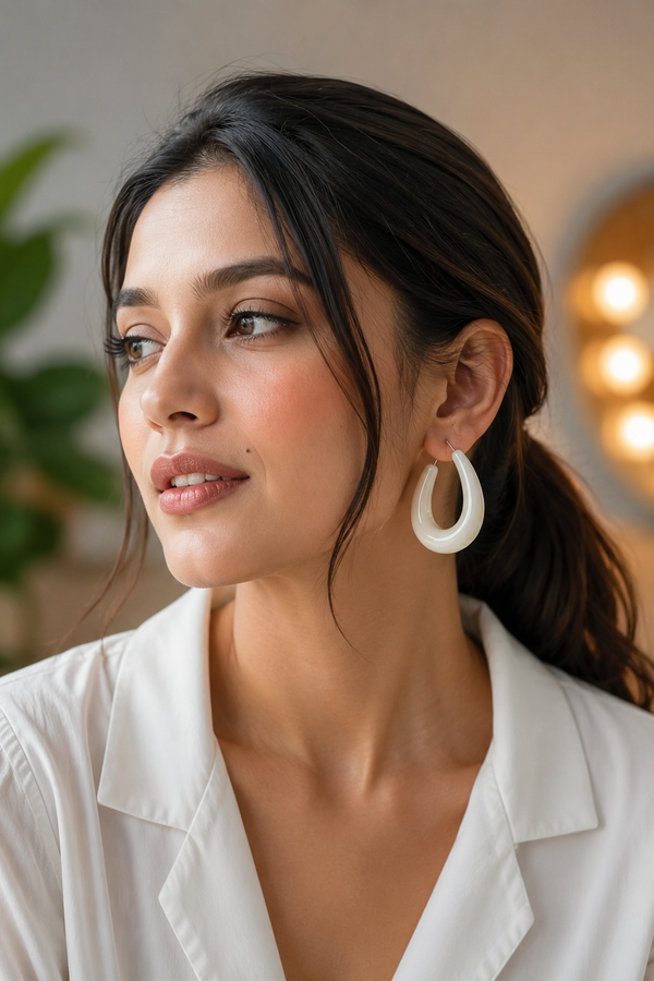Chunky Oval Acrylic Hoop Earrings | White Minimalist Hoops | Statement Daily Wear