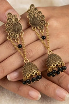 Classic Peacock Motif Black Bead Jhumkas