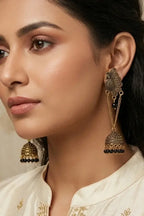 Classic Peacock Motif Black Bead Jhumkas
