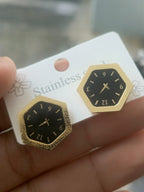 Vintage Greek Key & Smooth Gold Hexagon Watch Face Earrings