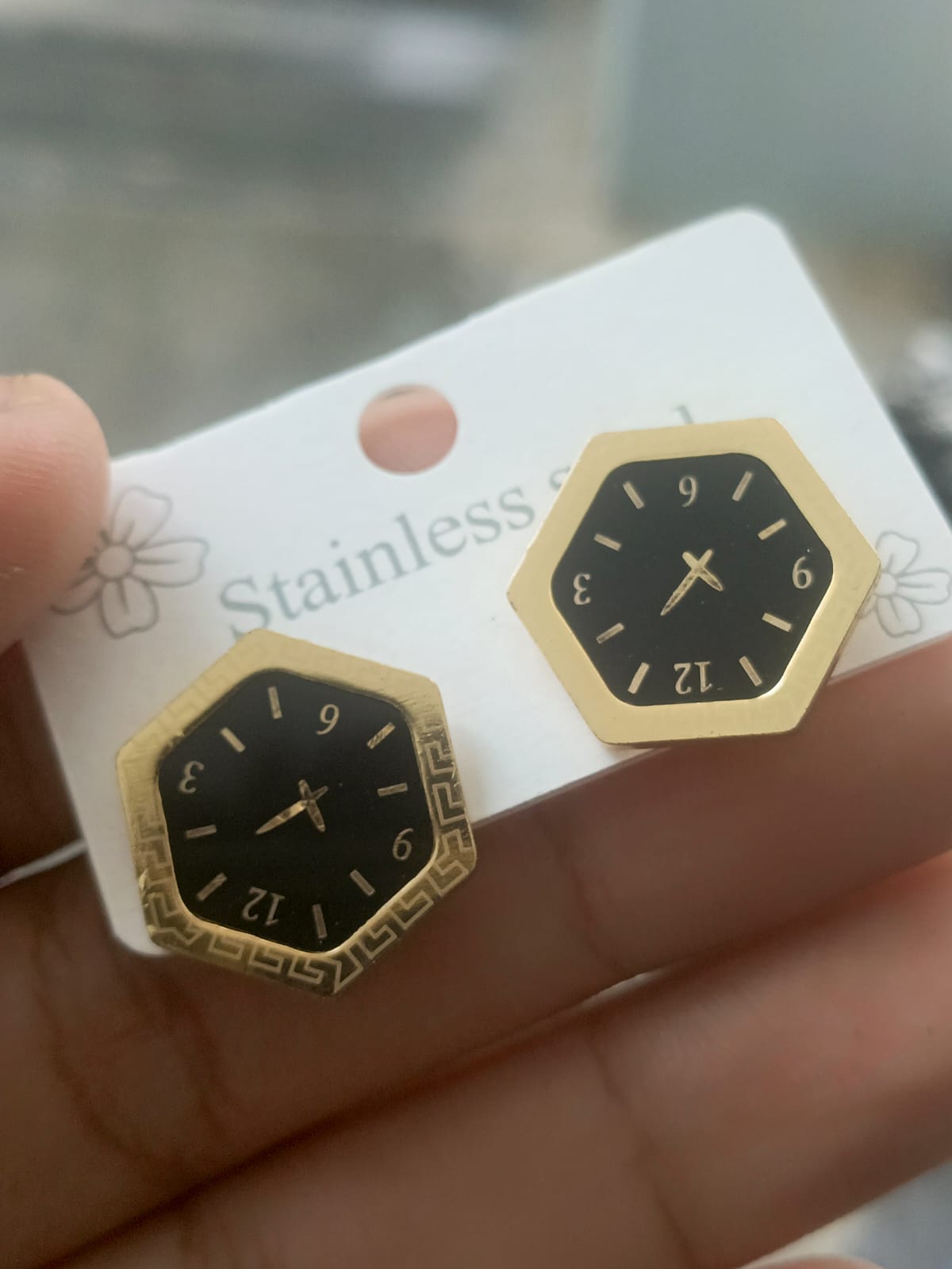 Vintage Greek Key & Smooth Gold Hexagon Watch Face Earrings