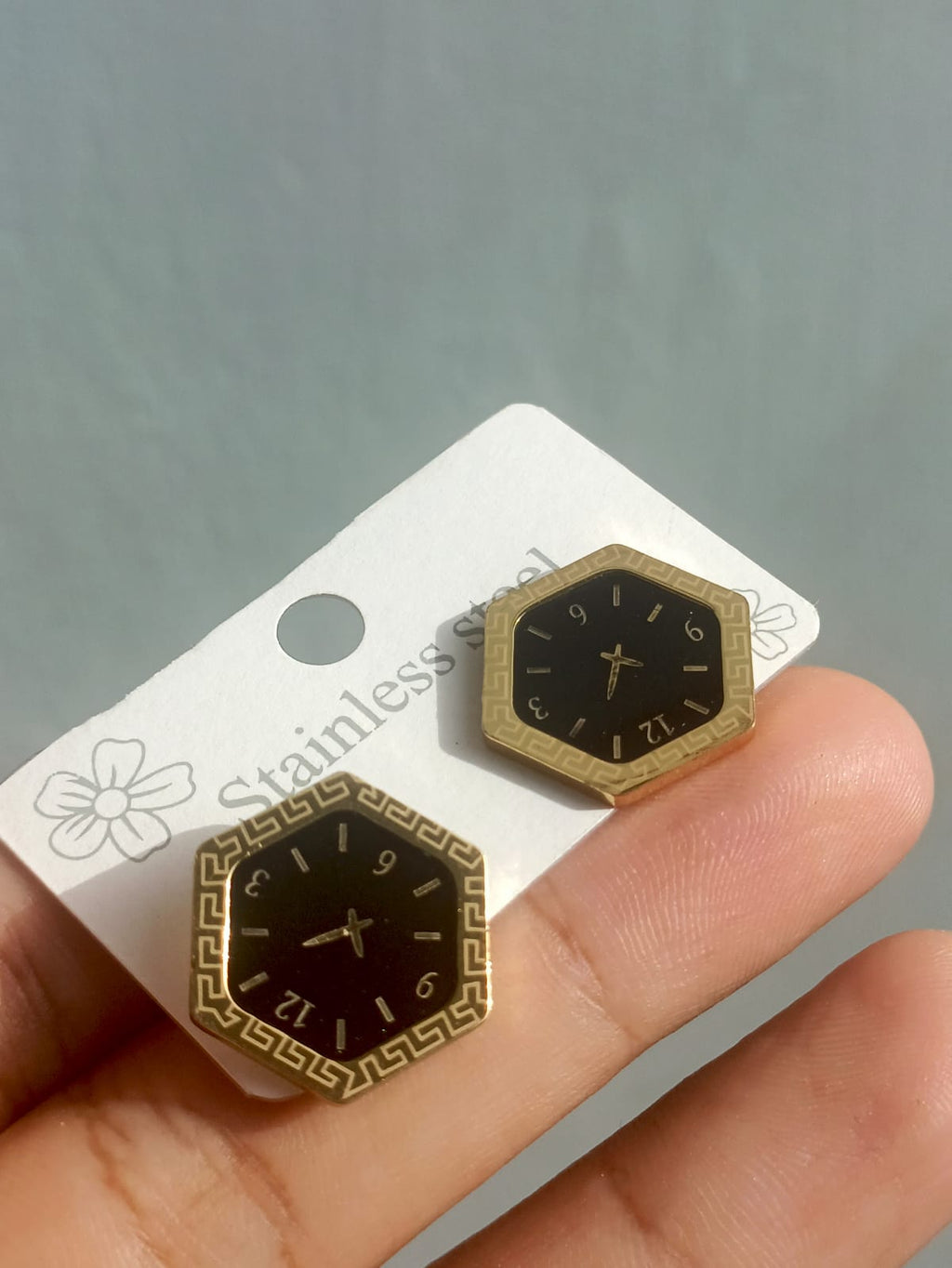 Vintage Greek Key & Smooth Gold Hexagon Watch Face Earrings