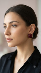 Elegant Maroon Cushion Stud Earrings with Gold Trim