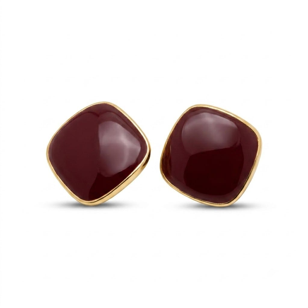 Elegant Maroon Cushion Stud Earrings with Gold Trim