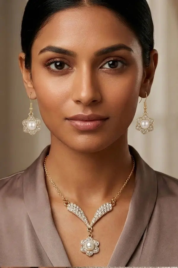 Classic Floral Pearl & Crystal Necklace Set