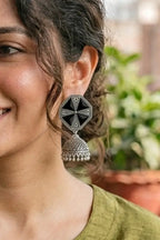Geometric Mirror Work Oxidized Jhumkas